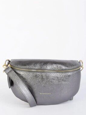 Italian Leather Crossbody Waist Bag, Luxury Fanny Pack Metallic Gray Festival